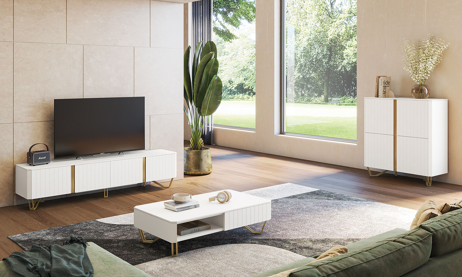 Photo d'un salon avec une collection comprenant une meuble tv, meuble d'appui et une table basse. Les meubles présentent des finitions en chêne naturel style tasseaux, laqué blanc mat et des piétements en métal noir.