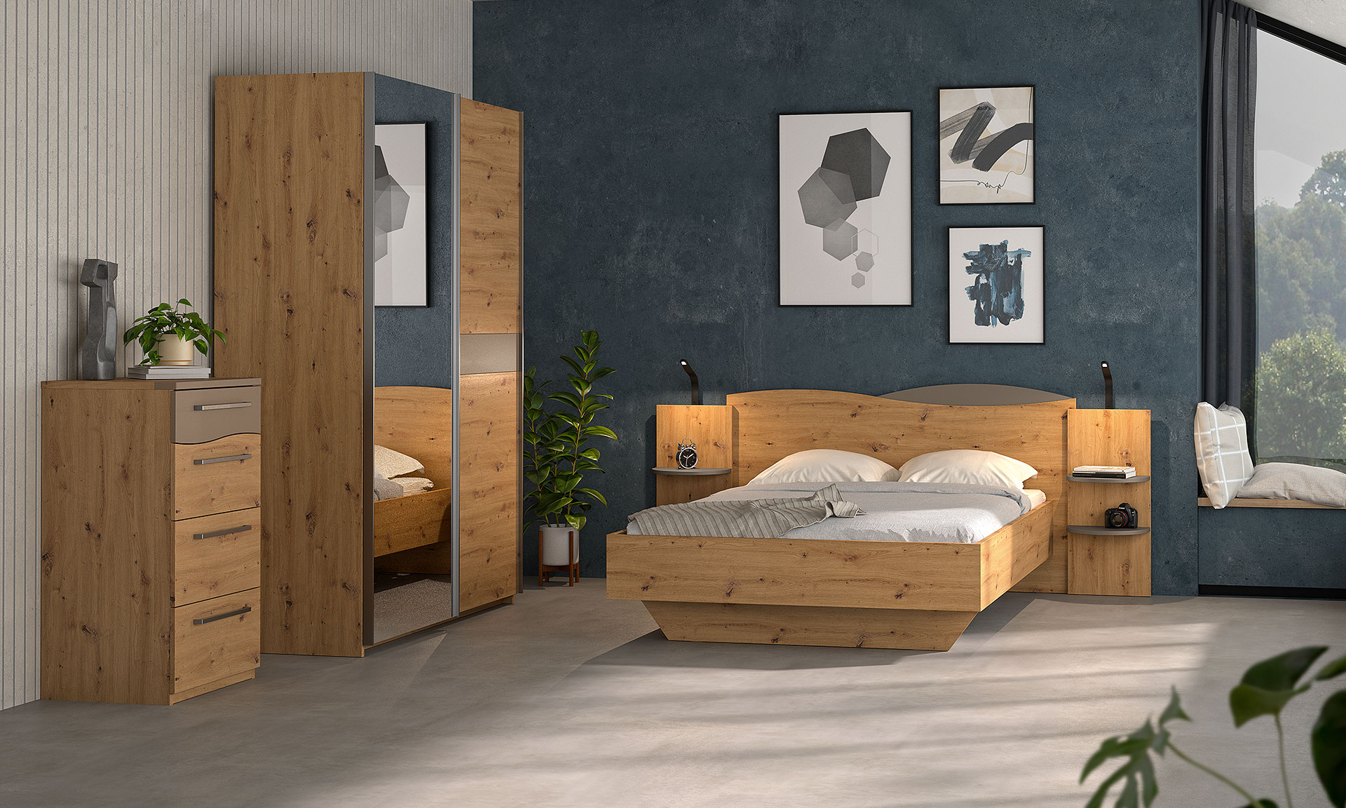 Photo d'ambiance d'une chambre avec un cadre de lit, une tête de lit avec étagère et lisseuse, une chiffonnier et une armoire. Le tout avec une finition en bois chêne sauvage. La collection s'inspire des vagues avec une teinte gris anthracite.