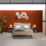 Photo d'ambiance d'une chambre avec un cadre de lit, une tête de lit, deux tables de chevet, une commode et une armoire. Le tout avec une finition en bois chêne Olmo Sabi. La collection s'inspire des vagues avec une teinte gris anthracite.