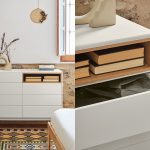 Photo d'un commode en bois. La finition est en MDF, pied en bois massif et la niche en placage chêne. L'ensemble est laqué en crème.